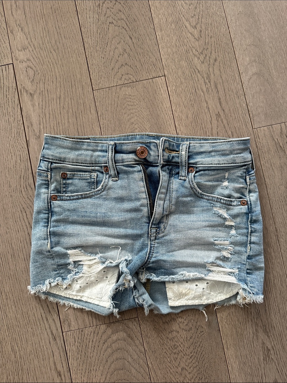 American Eagle Outfitters Light Blue Distressed Denim Shorts with Lace